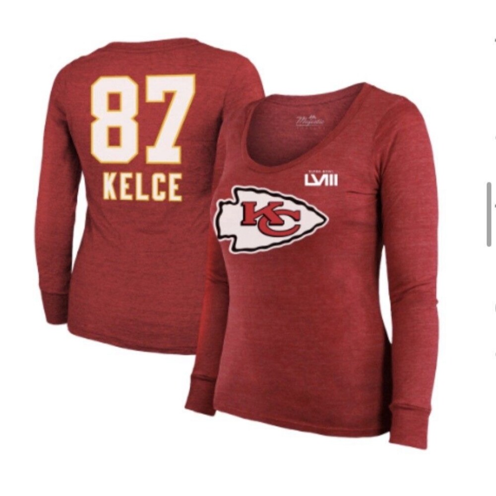 Travis Kelce Chiefs Women's Super Bowl LVIII Scoop L/S Shirt, Small Tri Blend